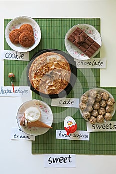 Sweets cake, ice cream, cookies, sweets, chocolate are laid out on plates.