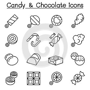 Sweets and candies icon set in thin line style
