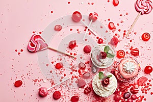 Sweets. Candy And Cupcakes On Pink Background