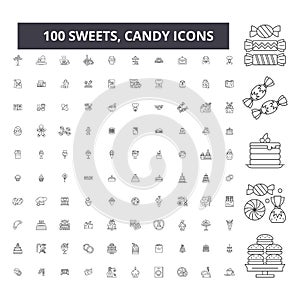 Sweets, candy editable line icons, 100 vector set, collection. Sweets, candy black outline illustrations, signs, symbols