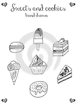 Sweets and cookies icons, cupcake, macaron, ice cream, cheesecake, cake, donut, vector, illustration, freehand pencil.