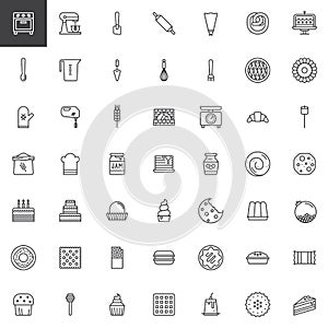 Sweets dessert and kitchen utensils line icons set