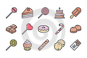 Sweets and Dessert related color line icon set.