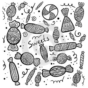 Sweets doodle coloring book page. Antistress for adults. Outline black and white illustration. Zen doodle and zen tangle