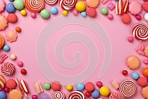 Sweets galore candy frame with vibrant lollipops on pink background