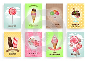 Sweets, lollipops and ice creams. Brochures vector templates set