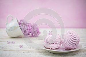 Sweets marshmallow and lilac flowers