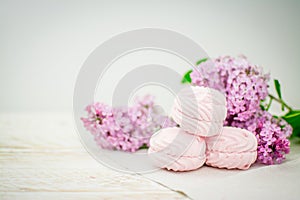 Sweets marshmallow zephyr and lilac flowers