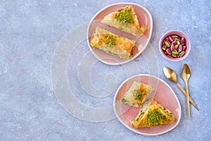 Sweets middle eastern dessert knafeh with pistachio and cheese