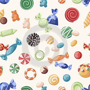 Sweets pattern. Seamless background with candies print. Repeating wrapping design with confectionery. Endless texture
