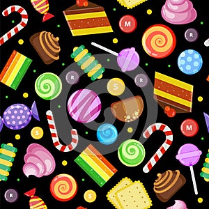 Sweets seamless pattern. Biscuits cakes chocolate and caramel candies wrapped and colored vector textile