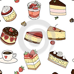 Sweets seamless pattern: cheesecake cake, candy, cherry, strawberry for decorating a cafe, packaging vektor sweets and more