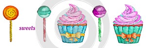 Sweets set with cupcake, lollipop and chupa chups photo