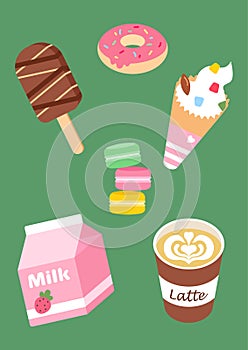 Sweets set of ice cream, strawberry milk, coffee latte, donut, macaroons