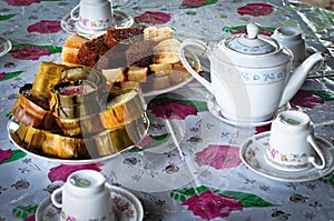 Sweets and tea on the table in Moc Chau, Vietnam