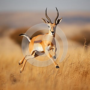 A swift antelope (Antilopinae) gracefully leaping across the grassland. Taken with a professional camera and lens photo