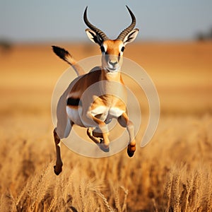 A swift antelope (Antilopinae) gracefully leaping across the grassland. Taken with a professional camera and lens photo