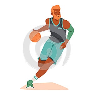 Swift Basketball Player Male Character Dashes Down The Court, Dribbling Skillfully With Intense Focus. Ball Bounces