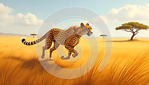 A swift cheetah with lithe muscles dashing across an open plain with tall grasses and distant acacia trees photo