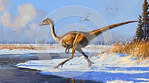 A swift ornithomimus darting between patches of gr in the tundra its long legs carrying it effortlessly through the icy photo