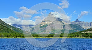 Swiftcurrent lake in high alpine landscape on the Grinnell Glacier trail, Glacier national park, Montana