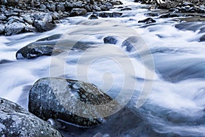 Swiftly moving river water over and around large rocks winter landscape photo