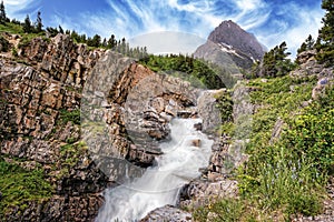 Swiftwater Falls in Glacier National Park, Montana, cascading beautifully