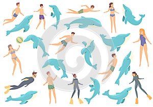 Swim with dolphins icons set cartoon vector. Hand animal