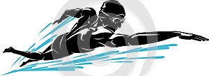 Swim Front Crawl, Male Shadowed Illustration