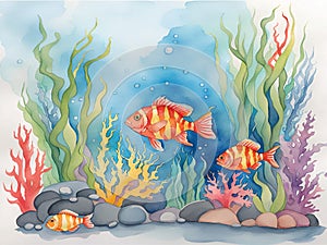 swim goldfish watercolor painting on paper