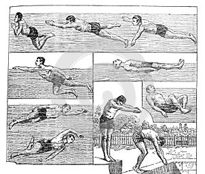 Swim learning for practice lesson Swim strokes / Vintage and Antique illustration from Petit Larousse 1914 photo