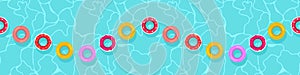 Swim life ring, floating buoy in wavy water swimming pool border banner seamless pattern, kid pool toys watermelon, donut,