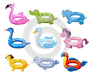 Swim rings cartoon set. Summer inflatable lifebuoys collection with animal heads. Flamingo, crocodile, swan, unicorn, dog, dolphin