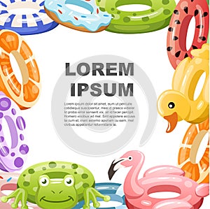 Swim rings set. Inflatable rubber toy. Swimming circles with different textures and shapes. Flat vector illustration on white