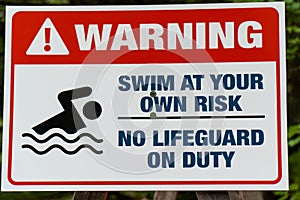 Swim at your own risk no lifeguard on duty sign