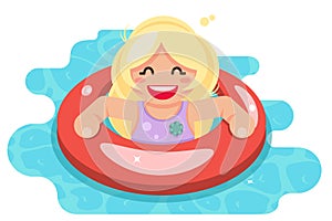 Swiming girl swim ring pool water flat design vector illustration photo