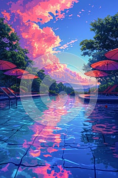 Swiming Pool Art Vibrant Pop Surrealism