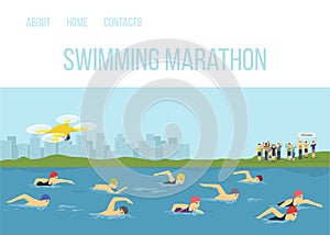 Swimmer athletes competition maraphone in river vector cartoon illustration. Sportsman swimming freestyle. Sport