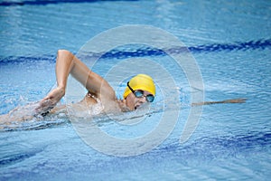Swimmer in cap breathing during front crawl
