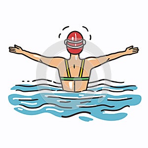 Swimmer demonstrating open arms gesture water, safety helmet, sports illustration. Male athlete photo