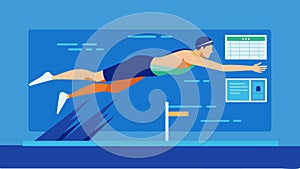 A swimmer dives into a virtual pool and analyzes their stroke technique and speed using data to make improvements and photo