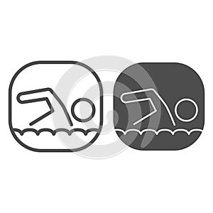 Swimmer line and solid icon, nautical concept, Man swims in sea sign on white background, Swimming icon in outline style