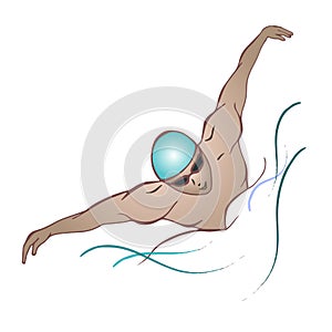 Swimmer in the pool. the man, boy is engaged in sports. vector illustration of contour lines. isolated white