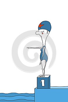 Swimmer in the pool on the table with the number one in the competition in blue and red element on the cap. Vector