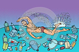 Swimmer at sea. ocean pollution. ecology and plastic waste