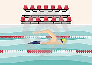 Swimmer is swimming along the path in the pool. Male cartoon character. Flat vector illustration. Minimalistic illustration