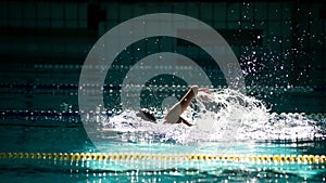 Swimmer swims freestyle in the pool in beautiful sunlight. Cinemagraph.