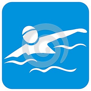 Swimmer, white silhouette of man on blue background, vector icon