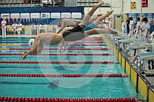 Swimmers dive into pool at the start of the swim