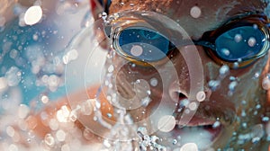 A swimmers goggles filling with water as they push their body to the limit during a grueling race